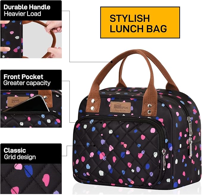 HOMESPON Lunch Bag for Woman Man Adults with Front Pocket Insulated Lunch Tote Lunch Box Container for Work Picnic or Travel(Multi Dots)