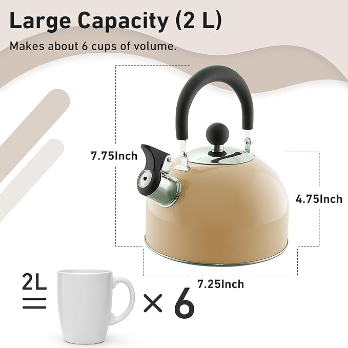 Lily's Home 2 Quart Stainless Steel Whistling Tea Kettle, the Perfect Stovetop Tea and Water Boilers for Your Home, Dorm, Condo or Apartment. (Pastel Yellow)