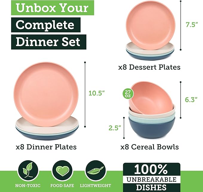 Grow Forward 24-piece Premium Wheat Straw Dinnerware Sets for 8 - Unbreakable Dishwasher & Microwave Safe Plastic Plates and Bowls Sets - Patio, Outdoors, RV, Camping Dishes - Tropical