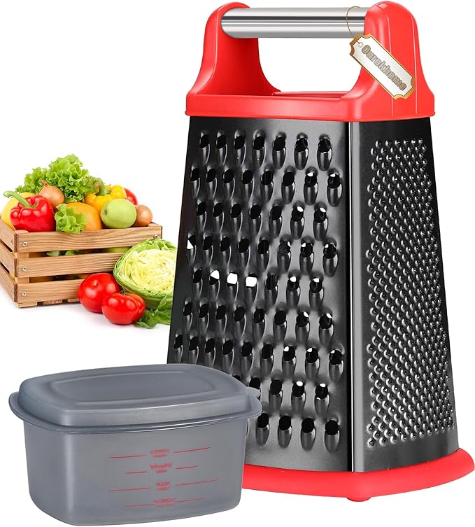 Ourokhome Cheese Grater with Handle, Stainless Steel Box Grater, 4 Side Kitchen Vegetable Shredder Slicer Zester with Container for Parmesan, Cabbage, Ginger, Lemon, Chocolate, Coconut (Red and Black)