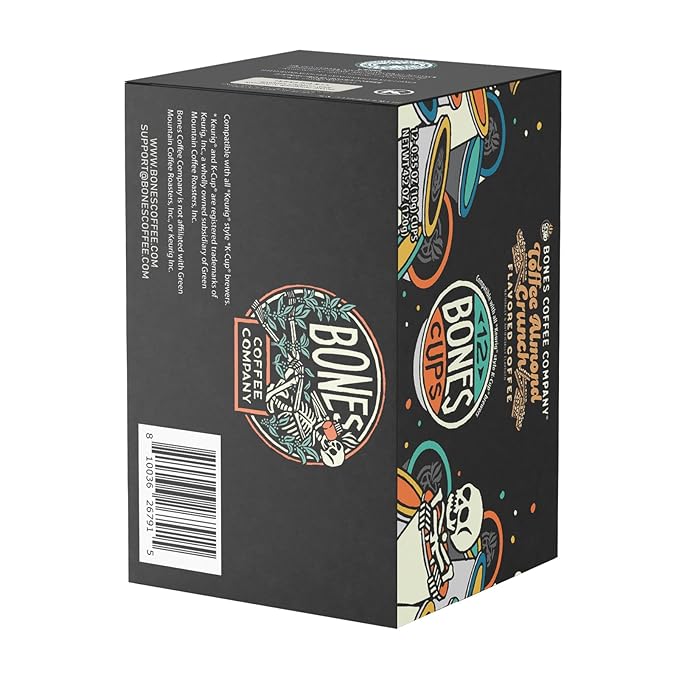Bones Coffee Company Toffee Almond Crunch, Toffee Almond Flavored Coffee Pods, Low Acid Medium Roast Single-Serve Bones Cups, Compatible with 1.0 & 2.0 K-Cups Brewers Coffee Maker, 12 Count