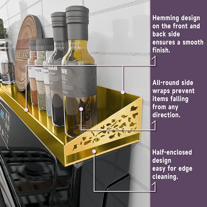 30" Magnetic Stove Top Shelf – Brushed Gold Spice Rack and Seasoning Organizer – Kitchen Shelf for Back of Stove – Over Stove Rack and Storage Organizer