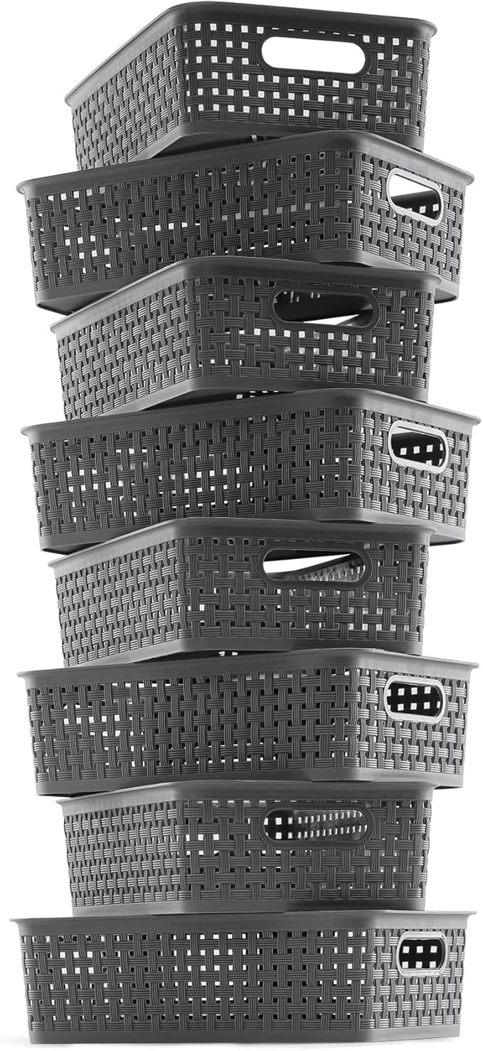 NETANY Plastic Storage Baskets - 8 Pack, Gray, Durable, Easy to Use, Flexible, Multi-Purpose, Ideal for Closets, Cabinets, Shelves, Countertops
