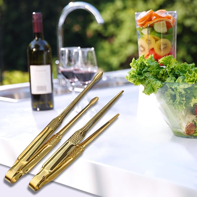 Premium Gold Cooking Tongs - 304 Stainless Steel, Comfortable Grip, Non-Slip Design, High Heat Resistant - Ideal for Home, Kitchen, Barbecue & Frying Steak (golden, 9＋12 Inch)