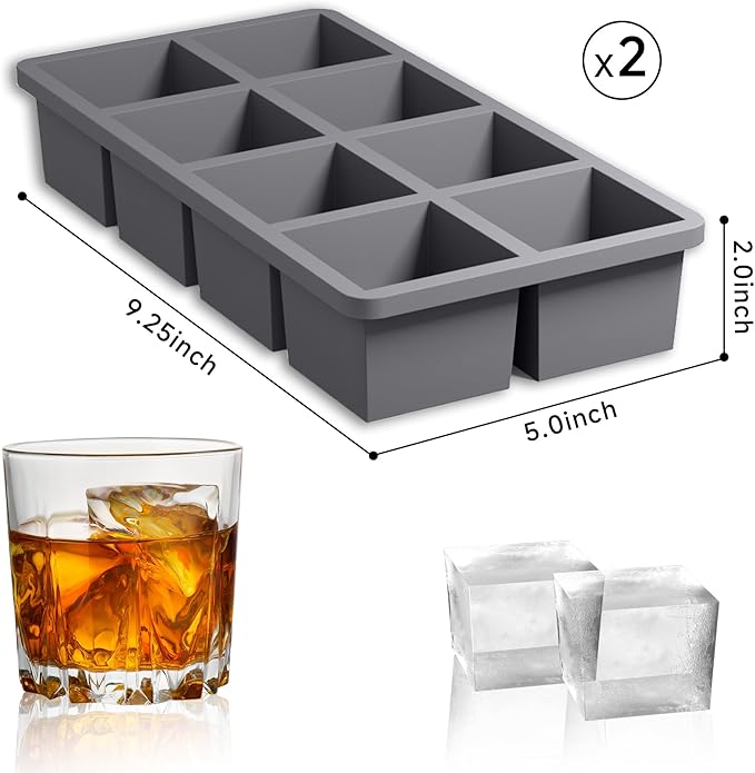 Samuelworld Large Silicone Ice Cube Tray Molds, 2-Pack, Big 2 Inch Cubes - Food Grade, Flexible, 8 Cavity Easy Release Slow Melting Ice for Whiskey, Cocktails, Gifts & Christmas - Grey