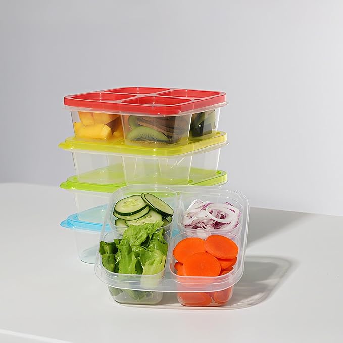 Finorder 6 Pack 4-Compartment Snack Containers, Reusable Food Containers for Kids School, Adults Office, Picnic Trip, Lunch Bento Box Meal Prep Containers (Bright Color Set)
