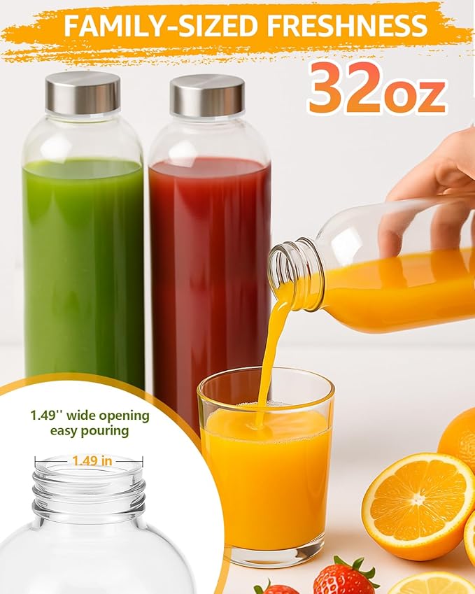 Zukro Glass Water Bottles with Lids 32 oz, 3 Pack Reusable Large Juice Bottles With Stainless Steel Airtight Cap for Juicing, Leak Proof Clear Drinking Jar Beverage storage container, BPA Free