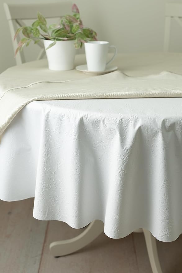 Benson Mills Deluxe Heavy Duty Vinyl Table Pad, Premium Table Protector, Waterproof with Flannel Backing, Quilted Design and Customizable (Off-White, 70" Round)