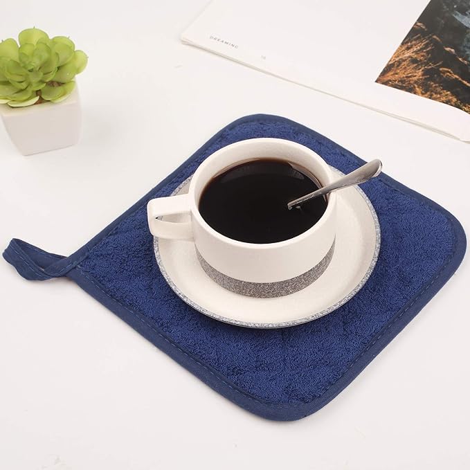 100% Cotton Kitchen Everyday Basic Terry Pot Holder Heat Resistant Coaster Potholder for Cooking and Baking Set of 5 Dark Blue