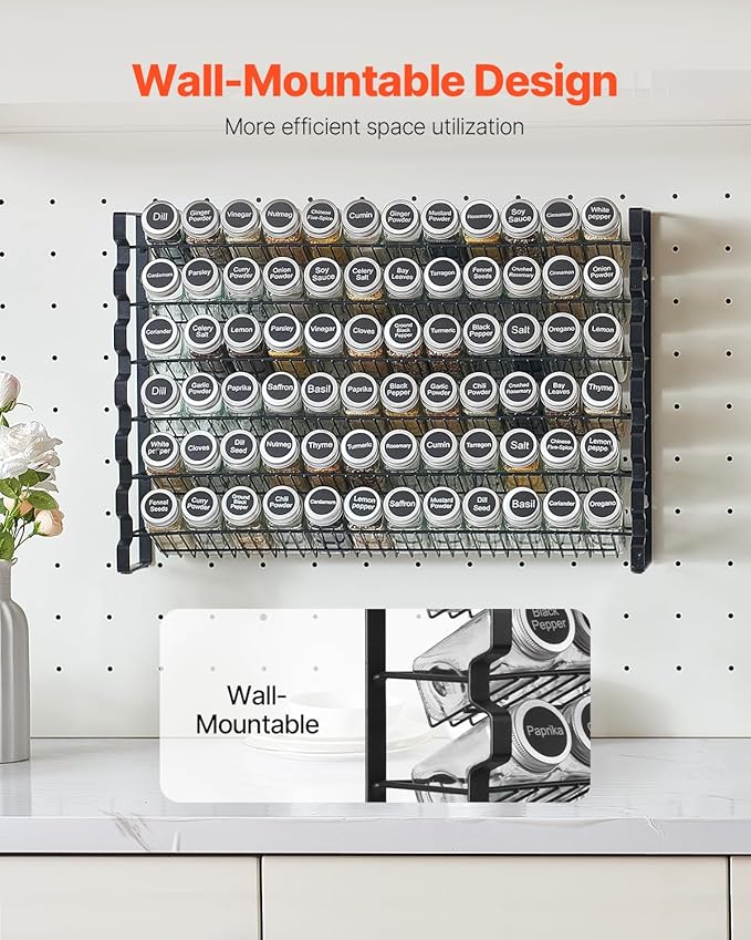 VEVOR Spice Rack Organizer for Cabinet, Spice Organizer with 72 Empty Spice Jars, Lids, Spice Labels, and Funnel Complete Set, Seasoning Organizer for Countertop, Kitchen, Pantry, Cupboard, 23x16 in
