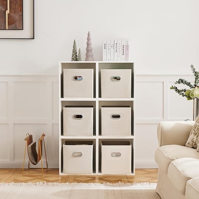 MAX Houser 6 Pack Foldable Fabric Storage Bins with Handles - Ideal for Closet Organization, Bedroom and Nursery（ Beige, 12"x12"x12"）