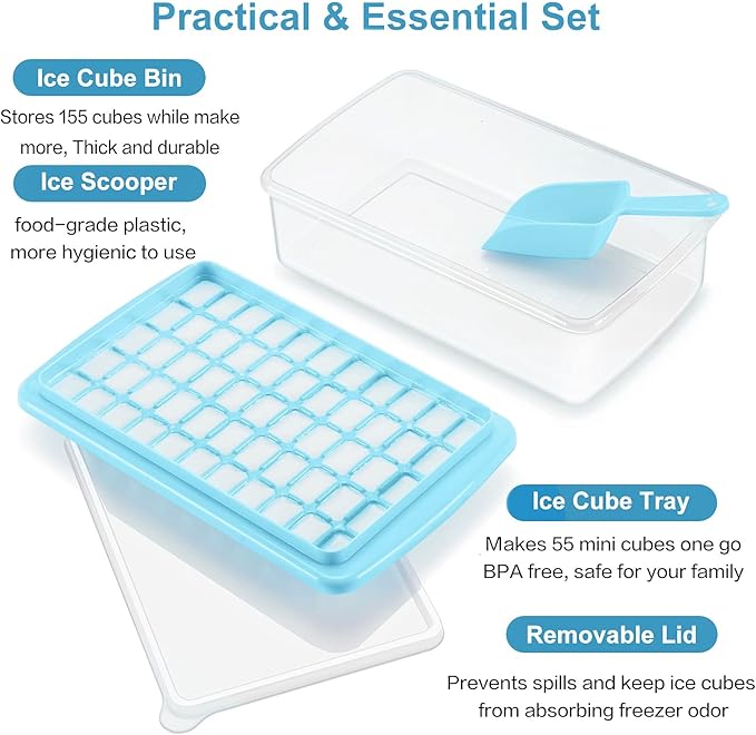 ARTLEO Ice Cube Tray with Lid and Bin for Freezer, Easy Release 55 Trapezium Ice Cube Tray with Cover, Storage Container, Scoop, Flexible Durable Plastic Nugget Ice Cube Mold & Bucket, BPA Free