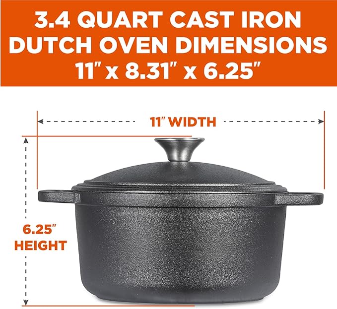 COMMERCIAL CHEF 3.4 Quart Cast Iron Dutch Oven with Dome Lid and Handles