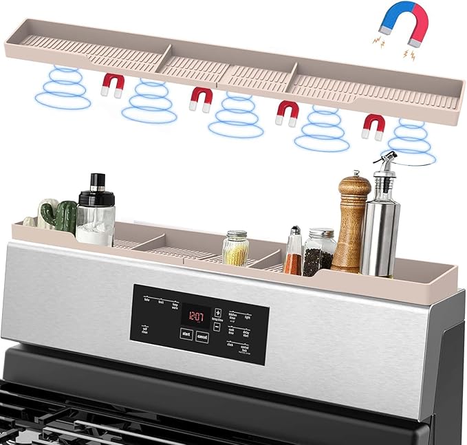 AWOKE Stove Top Shelf 30 Inch - Silicone Material Magnetic Shelf for Stove - 3 Functional Partitions Kitchen Spice Rack Organizer-Beige,Kitchen Gadgets Storage Organization