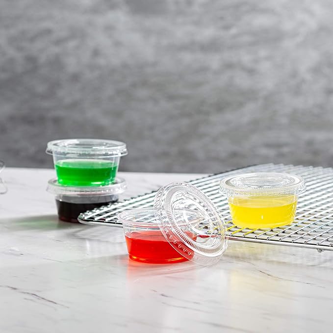 Portion Cups with Lids (2 Ounces, 200 Pack) | Disposable Plastic Cups for Meal Prep, Portion Control, Salad Dressing, Jello Shots, & Medicine | Small Plastic Condiment Container