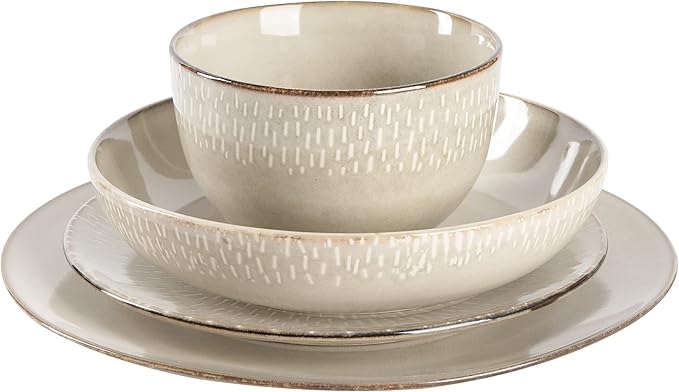 Gibson Elite Matisse 16-Piece Double Bowl Dinnerware Set – Service for 4, Taupe Stoneware Plates and Bowls