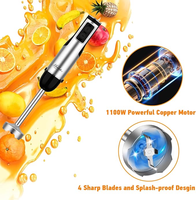 Immersion Blender Handheld, 1100W 5-in-1 Multi-Purpose Hand Blender, 12-Speed Stick Blender, 600ml Beaker, 500ml Chopper, Egg Whisk, Milk Frother, Black