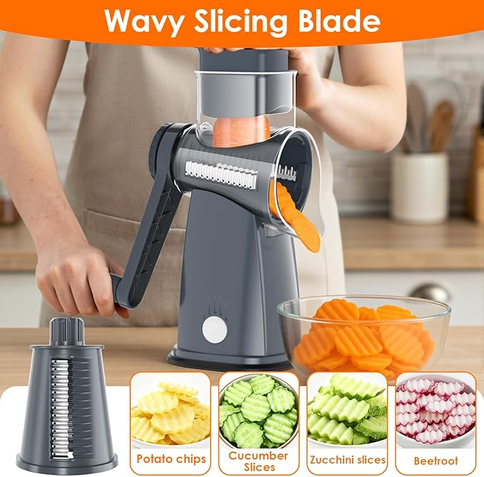 5 Blade Rotary Cheese Grater Hand Crank with Storage Box, Vegetable Chopper, Cheese Shredder for Cheeses, Veggies, Nuts - Easy to Use, Non-slip Suction Base, Gray