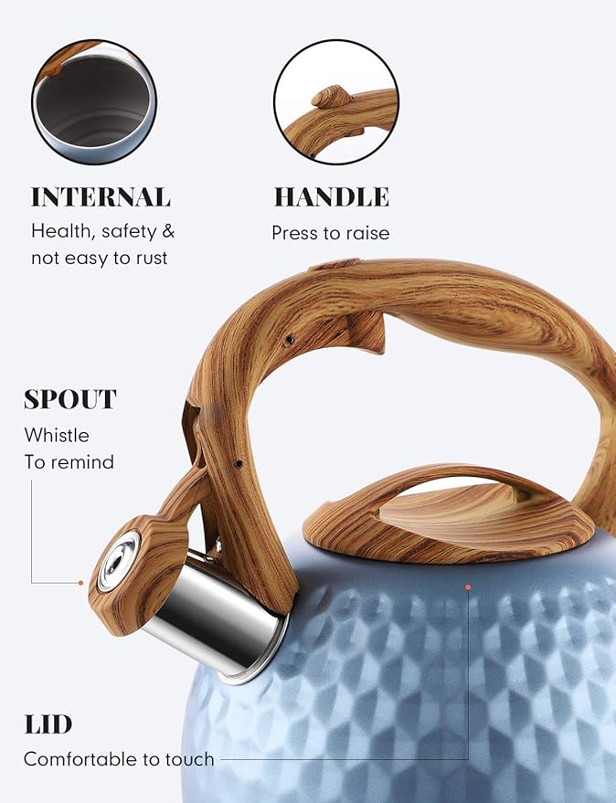 BELANKO 2.7 Quart Tea Kettle for Stovetop - Food Grade Stainless Steel with Diamond Texture, Designer Teapot Look, Cool-Touch Wood Pattern Handle, Whistling Spout - Glacier Blue