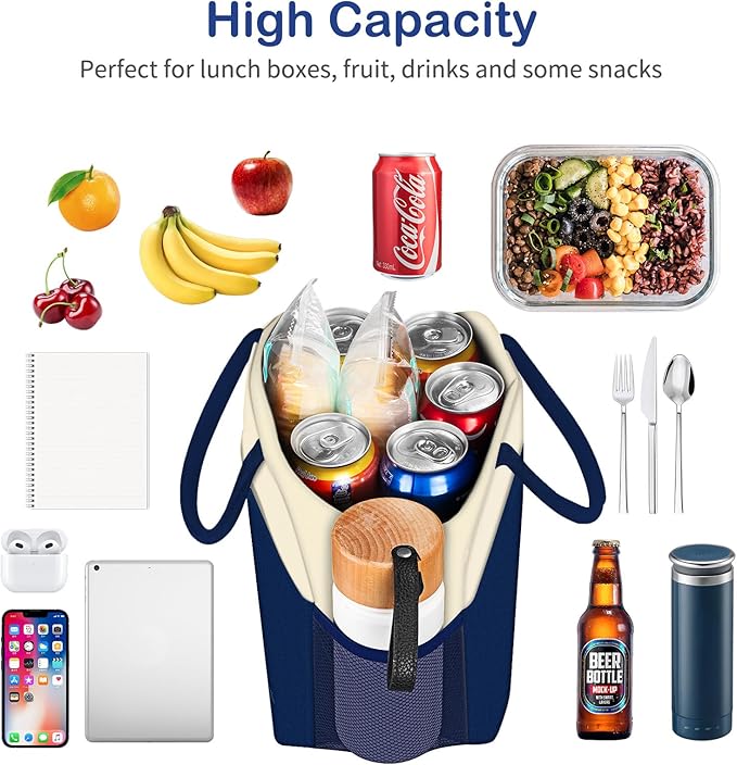 DALINDA Lunch Bag Women, Lunch Box for Women Men Reusable Insulated Lunch Tote Bag, Handbags Case High Capacity for Travel Work Picnic,white blue