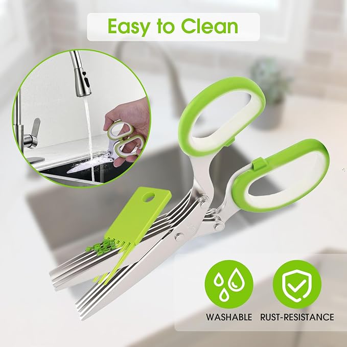 Herb Scissors, Kitchen Shears with 5 Blades and Cover, Multipurpose Cutting, Dishwasher Safe, Used for cutting herbs and paper, Green