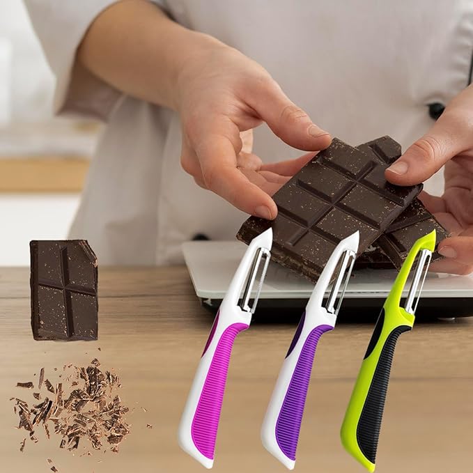 Vegetable Potato Peeler for Kitchen, 1 Piece Serrated Peeler for Soft Skin, 2 Pieces Straight Peeler for Apple Fruit Veggie, with Silicone Handle (Set of 3, Pink/Purple/Green)