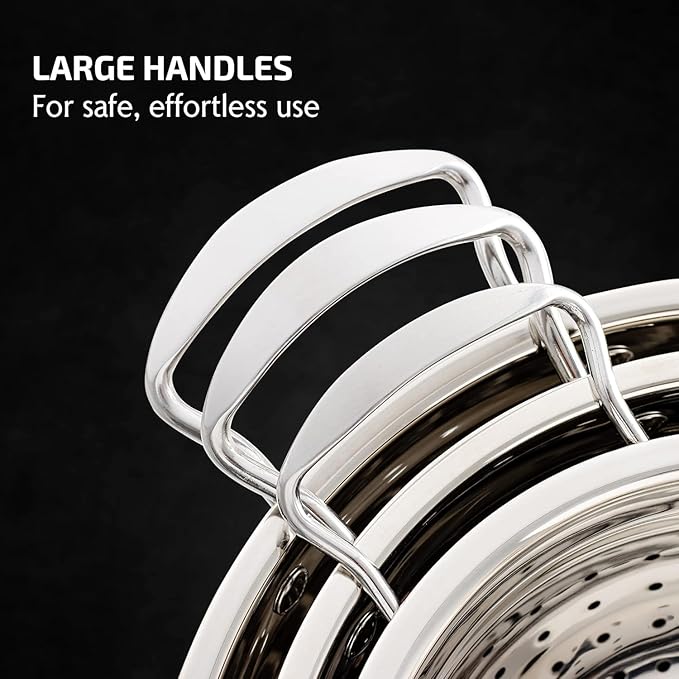 OVENTE Premium Stainless Steel Colander Set of 3 with Comfortable Large Handles, 1.5, 3, 5 Quarts Essential Kitchen Strainer for Draining Spaghetti Pasta, Rinsing Vegetables or Fruits, Silver C46263S