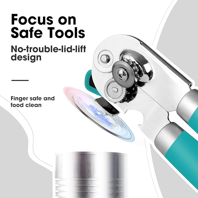 Beneno Heavy Duty Hand Can Opener Manual with Magnet, Durable Sharp Carbon Steel Blade Smooth Cutting, Big Effort-Saving Knob & Soft Grip Handle, Multifunctional Bottle Opener, Turquoise