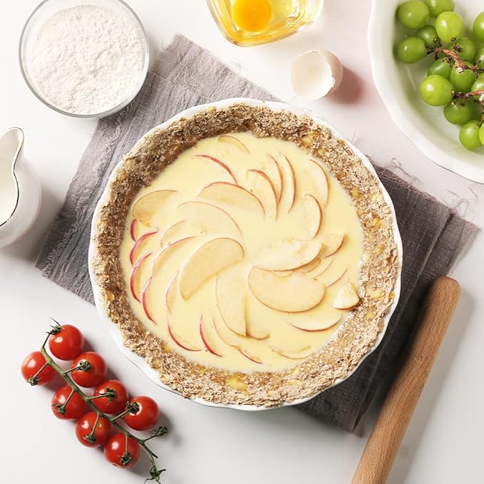 Sweejar Ceramic Pie Pan - 10 Inch Round Baking Dish for Dinner, Non-Stick with Soft Wave Edge for Apple, Pumpkin and Pot Pies (White)