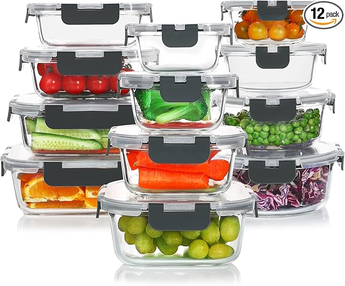 KOMUEE 24 Pieces Glass Food Storage Containers Set,Meal Prep Containers-Stackable Airtight Glass Storage Containers with lids,Freezer, Microwave, Oven Safe,Gray