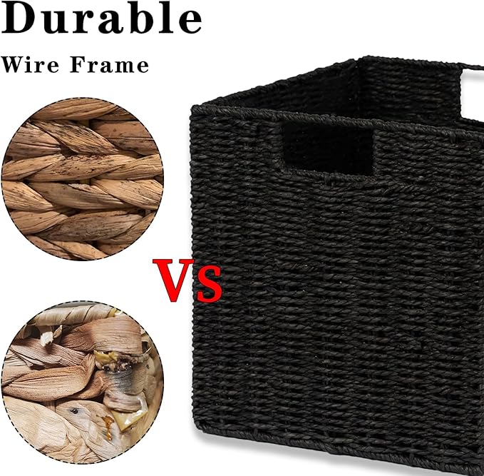 Vagusicc Wicker Storage Basket, Set of 2 Hand-Woven Wicker Basket, Foldable Cube Storage Bin, Black Storage Basket, Square Storage Baskets for Organizing Shelves & Decor, Black (11″×11″×11″)