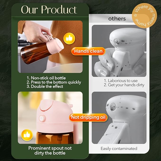 YARRAMATE 16oz/470ml Light Blocking Oil Sprayer for Cooking with Stickers, Food-Grade 2 in 1 Olive Oil Dispenser Bottle for Kitchen, Premium Dark Amber Glass Oil Bottle for Air Fryer, BBQ (PeachPink)
