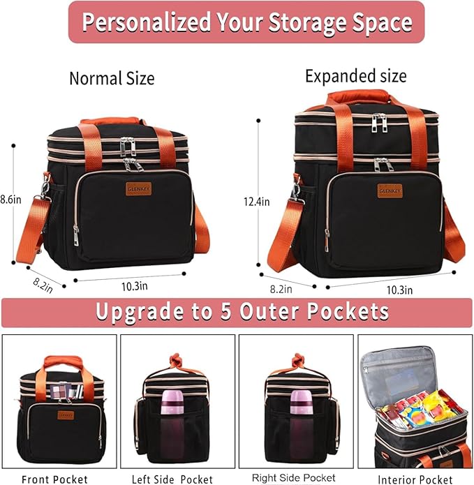 Expandable Insulated Lunch Box for Women Men, Double Deck Large Lunch Bag Tote Leakproof Lunch Cooler with Shoulder Strap for Adults Work Shift Outdoor Picnic Daytrip, (Black, 16L),GLENKEY