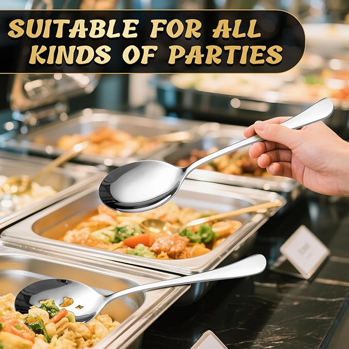 4 Piece Stainless Steel Serving Spoon Set - 2 Large, 2 Slotted,Dishwasher Safe,10-Inch, for Parties/Kitchen/Buffet/Catering