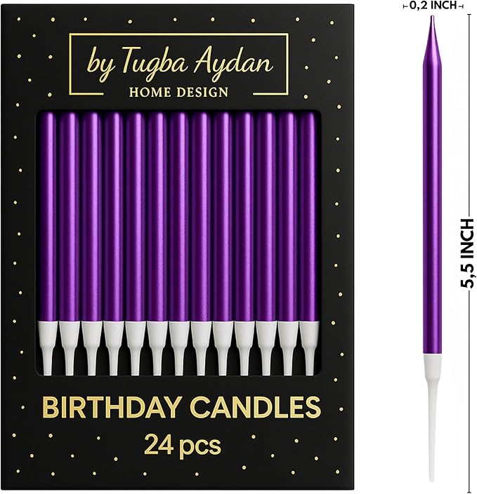 by Tugba Aydan - Purple Birthday Candles - 24 Count Long Thin Purple Birthday Candles for Cake, Metallic Cake Candle for Birthday, Party Candles