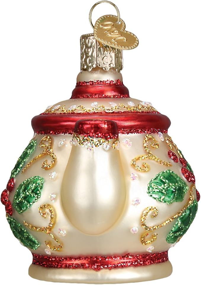 Old World Christmas Ornaments: Coffee and Tea Gifts Glass Blown Ornaments for Christmas Tree, Holly Teapot 3 X 3.25 X 2.25