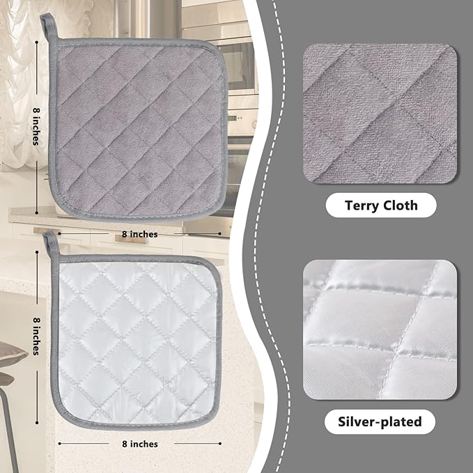 Joyhalo 4 Pack Pot Holders for Kitchen,Cotton Oven Holder with Great Heat Resistance,Non Slip Hot Pads for Kitchen Clearance,Grey