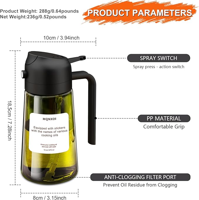 Oil Sprayer for Cooking, 2 in 1 Olive Oil Dispenser Bottle for Kitchen, 16oz/470ml Premium Glass, Food-grade Oil Mister for Air Fryer, Salad, Frying, BBQ (Black + Dark Green Bottle)