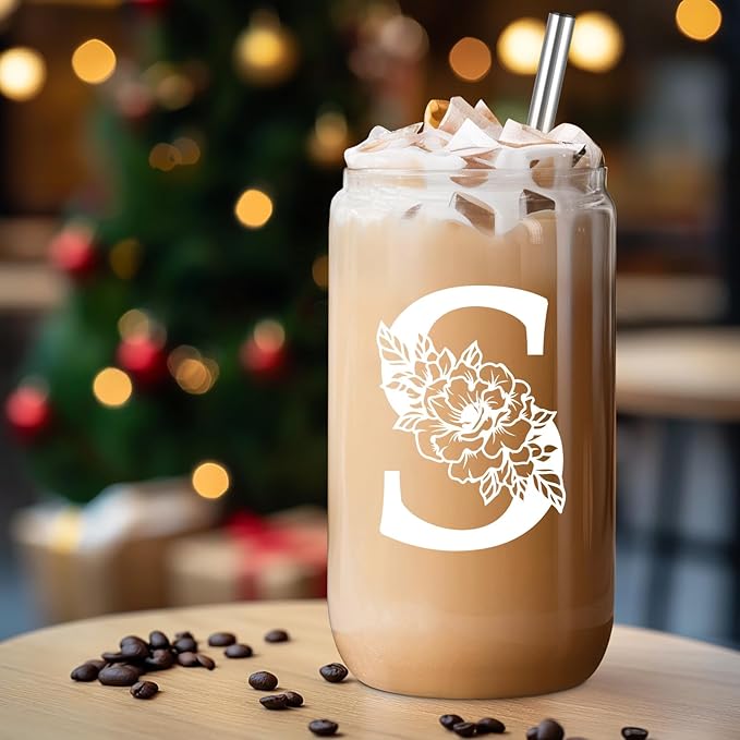 Coolife Initial Glass Cup, Monogrammed Gifts for Women, 16 oz Glass Cups w/Lids Straws, Iced Coffee Smoothie Beer Tumbler w/Straw Lid - Personalized Christmas, Birthday Gifts for Her Mom Friend Woman