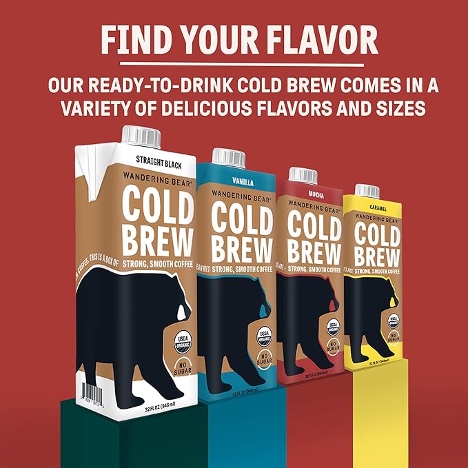 Wandering Bear Organic Mocha Cold Brew Coffee - Strong, Bold, Smooth, Unsweetened, Shelf-Stable, Ready to Drink, Gluten Free, & Vegan Iced Cold Brewed Coffee Drink - 32 fl oz, 3 pack