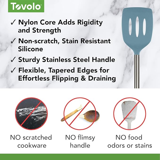Tovolo Slotted Silicone Spatula Turner Slotted Stainless Steel Handle 10" Blue Slate Heat Resistant Non Toxic BPA Free Kitchen Utensil, Silicone Egg Pancake Flipper Metal Handle Turner for Cooking