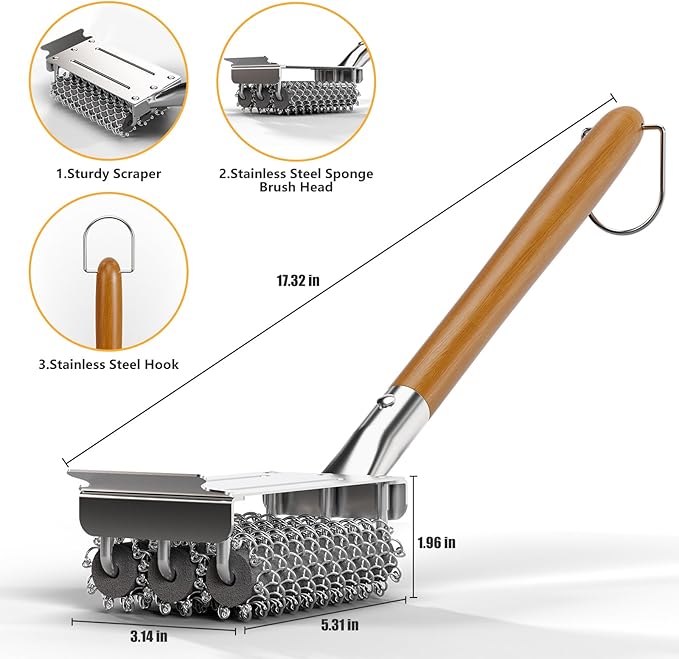 HOUSE AGAIN Grill Brush and Scraper Bristle Free with 3 Replacement Head 304 Stainless Steel Food-Grade Grill Accessories, Safe BBQ Cleaner Brush Strong Barbecue Cleaning Brush for Outdoor Grill Grate