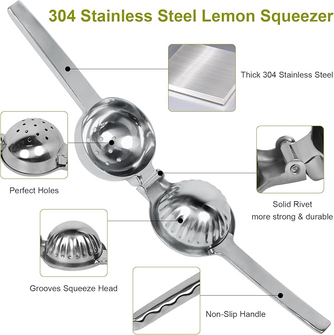 Lemon Squeezer Juicer for Lime and Lemon, Heavy Duty 304 Stainless Steel Manual Juicer with Large Bowl, Ergonomic Handle, Dishwasher Safe, with Cleaning Brush