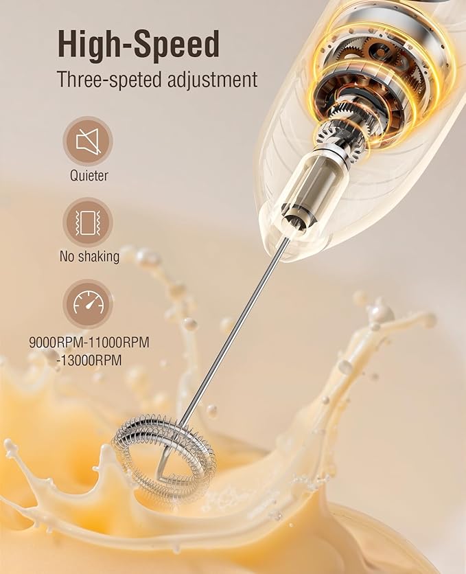 Electric Milk Frother Handheld: Rechargeable 3 Heads 3 Speeds Portable Stainless Steel Drink Foam Mixer with LED Digital Display for Milk Coffee, Lattes, Cappuccino, Matcha