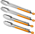 304 Stainless Steel Kitchen Cooking Tongs, 9" and 12" Set of 4 Sturdy Grilling Barbeque Brushed Locking Food Tongs with Ergonomic Grip, Orange