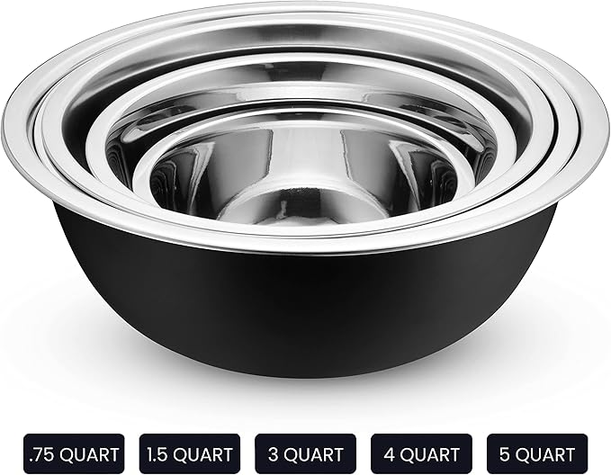 WHYSKO Stainless Steel Mixing Bowl Set, 10 Piece Stainless Steel Mixing Bowls with Lids Set for Food Prep Storage and Serving, Dishwasher Safe for Kitchen Baking Cooking, Black