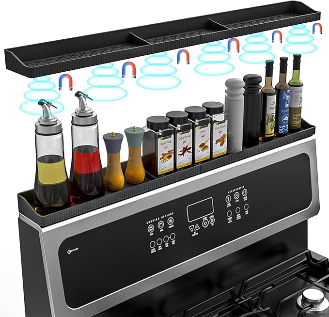 30 Inch Silicone Stove Top Shelf Magnetic for Kitchen Gadgets, Soft Flexible Strong Magnetic Heat Resistant Spice Rack Kitchen Organizer for Over Stove