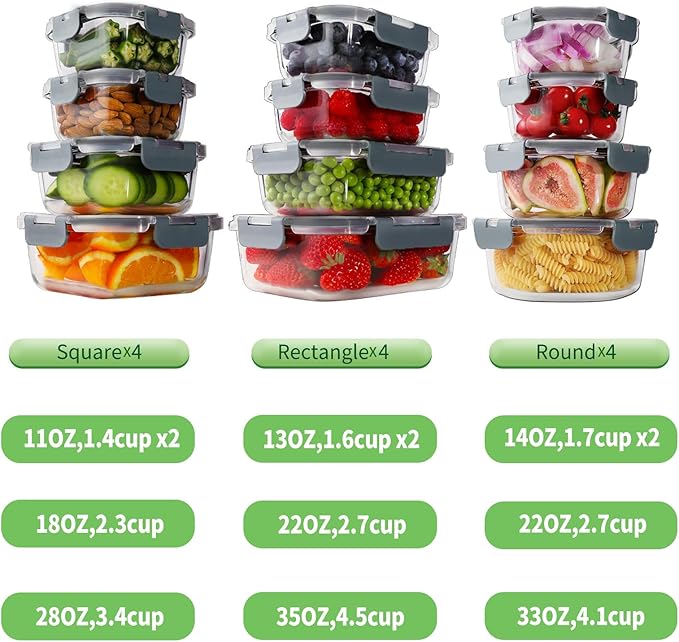 HOMBERKING 24pc Borosilicate Glass Food Storage Containers with Lids, Glass Meal Prep Containers with Leak Proof Snap Lock Lids, Airtight Bento Lunch Boxes, Kitchen Storage (12 lids & 12 Containers)