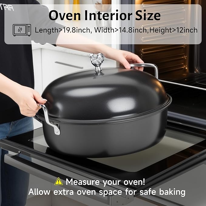 32L Large Oval Roaster Pan, Carbon Steel Roasting Pan with Rack and Lid for Thanksgiving Christmas Party, Turkey Roaster Pan for Chicken Beef Max Load 25 Lbs