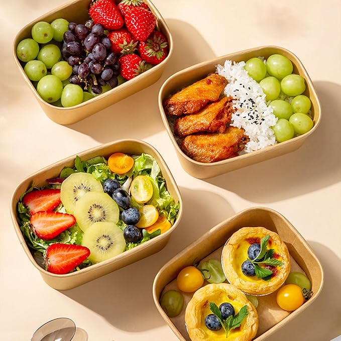 DI QIU REN 50-Pack 25oz Paper Bowls, Disposable Food Containers with Lids and Forks, Rectangular Disposable Salad Bowls for Diet Salad, Pasta (kraft Paper Rectangular, 25oz 50 Count)
